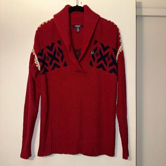 Chaps Womens Red Blue Pattern Shawl Neck Sweater Size Medium EUC - Picture 1 of 11